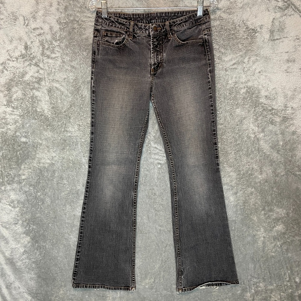 Mossimo Juniors Y2K Low Rise Faded Black Distressed Bootcut Denim Jean 9